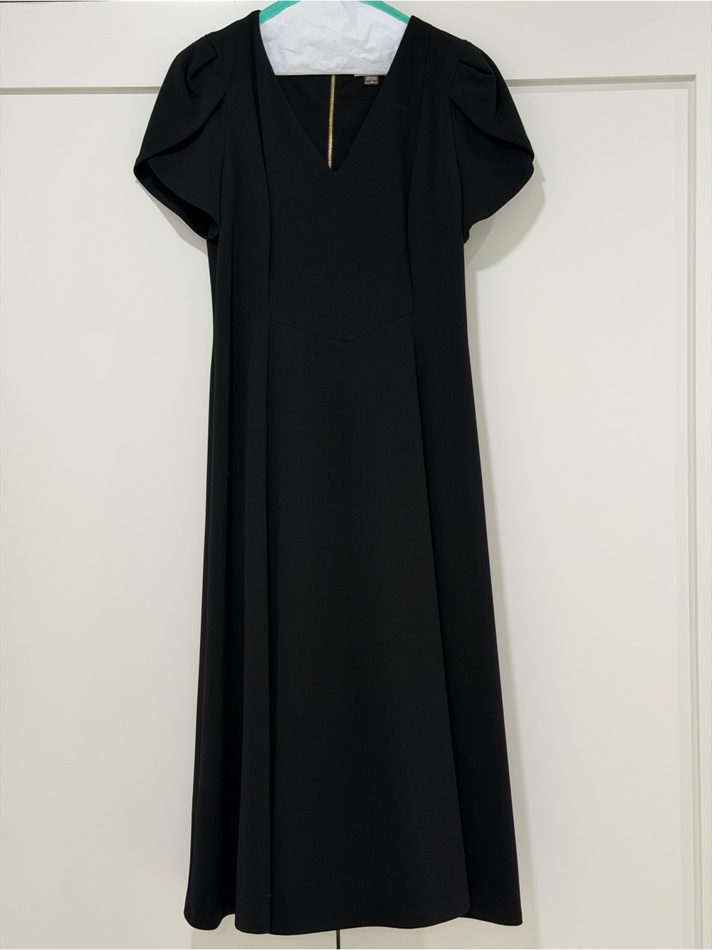 Calvin Klein Black Midi Dress Size 10 Puff Sleeve Gold Zip Back